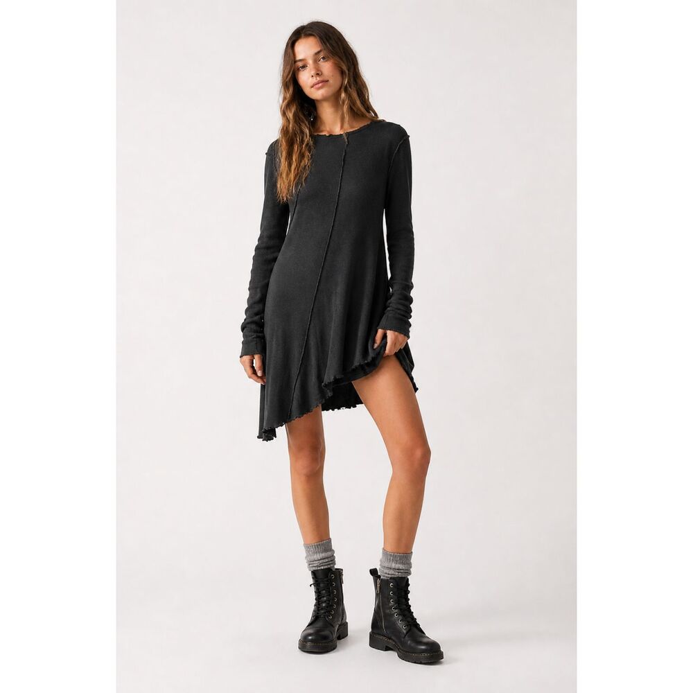Free People We The Free Black Full Swing Tunic Raw Hem Boho Ribbed Long Sleeve S